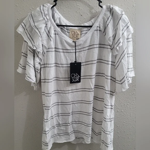 Chaser Striped Double Ruffle Shoulder Raglan Tee Sz M - Picture 1 of 5